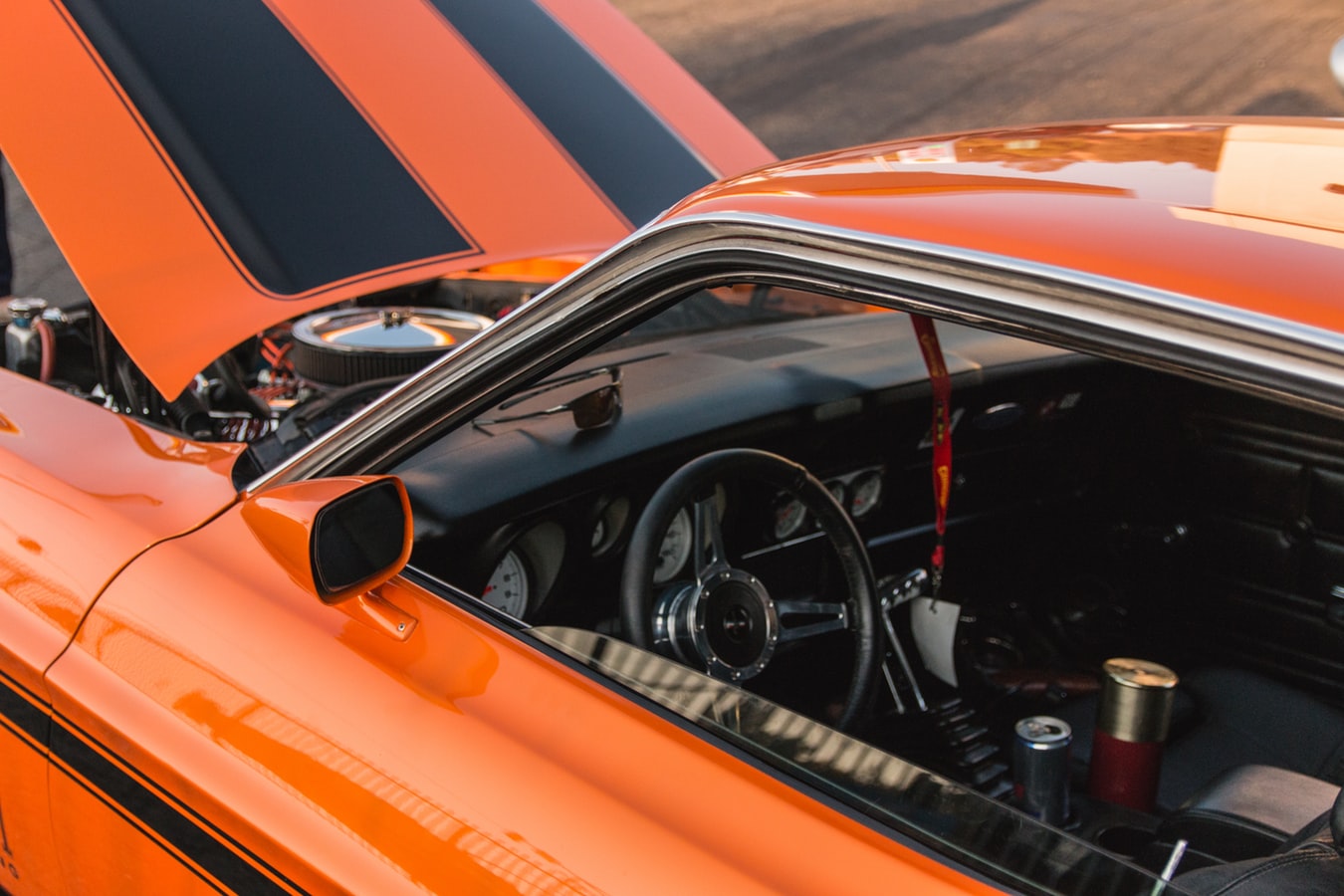 close up of orange muscle car